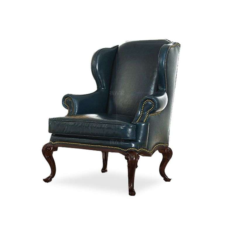 传统美式风格实木真皮绅士蓝休闲椅