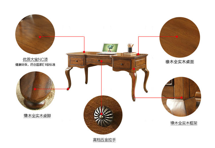 传统美式风格古典楸木实木书桌的家具详细介绍