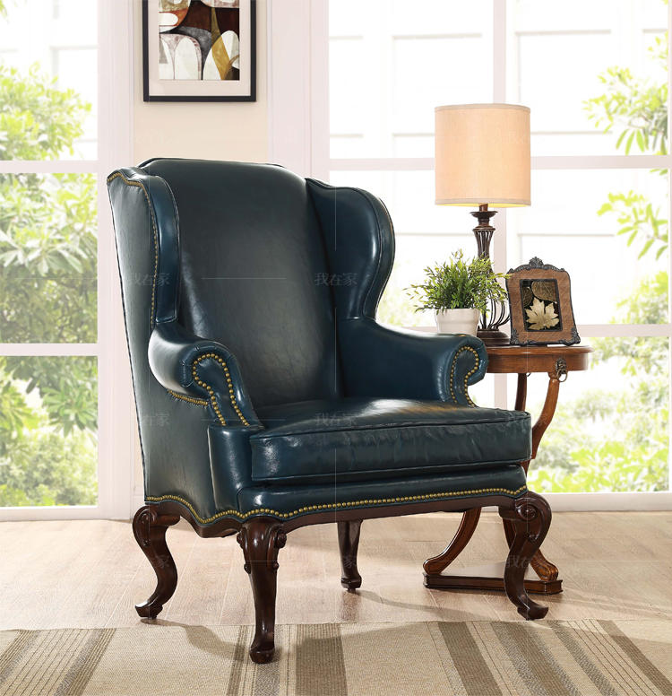 传统美式风格实木真皮绅士蓝休闲椅的家具详细介绍